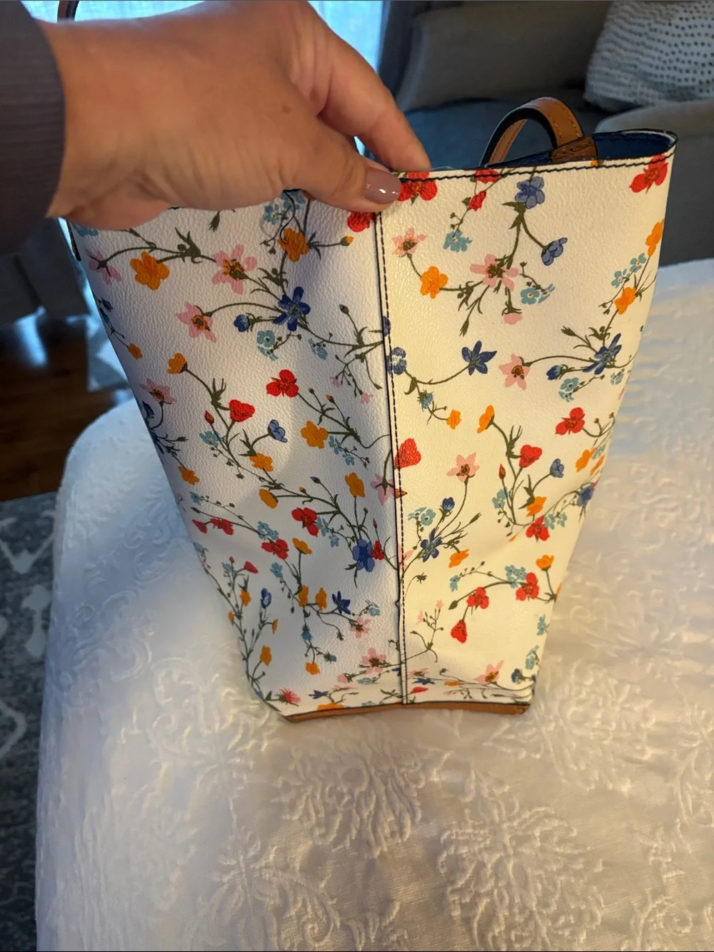 Tory Burch Floral Print Cream Women’s tote with Brown Trim